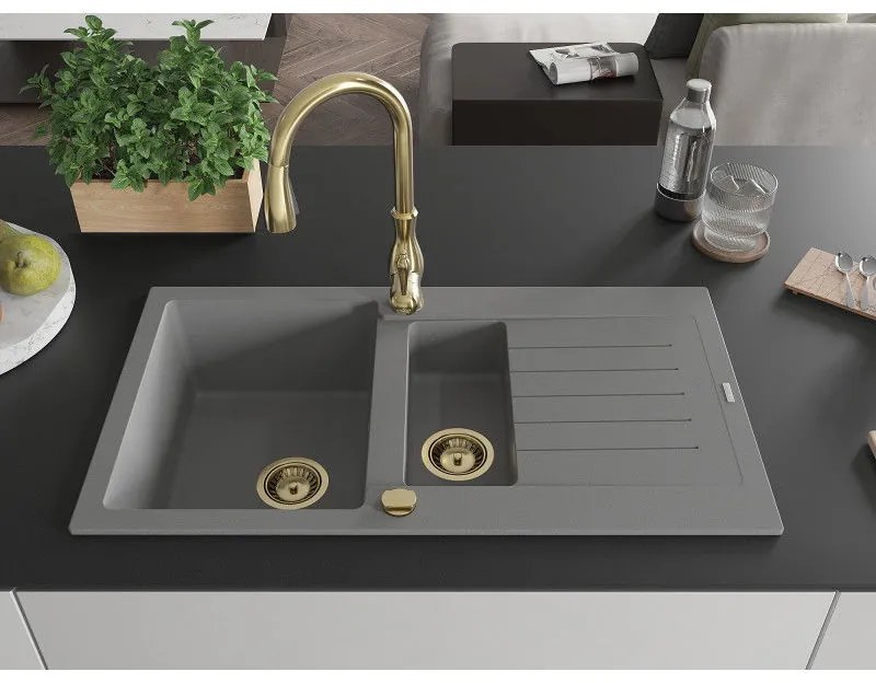 Mexen Matias, 1,5-komorový granitový drez 900x505x200 mm a drezová batéria Savita, šedá, 6502-71-672601-50