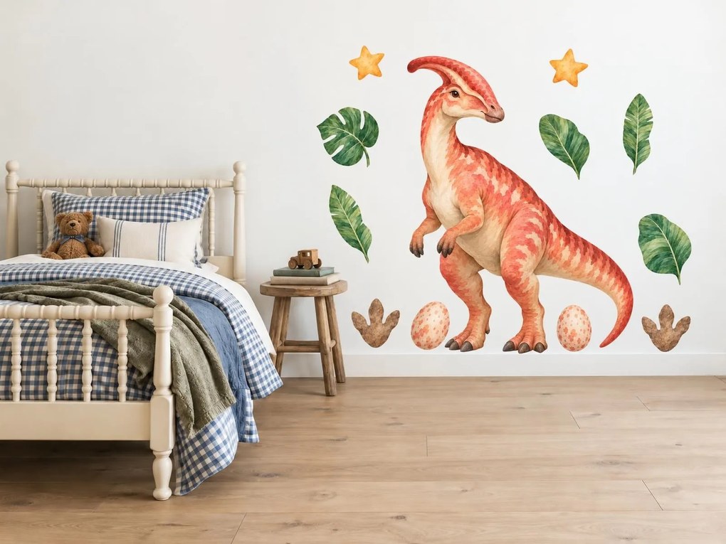 Parasaurolophus s vajíčkami akvarelové dinosaurí nálepky do detskej izby na stenu arch 35 x 46 cm