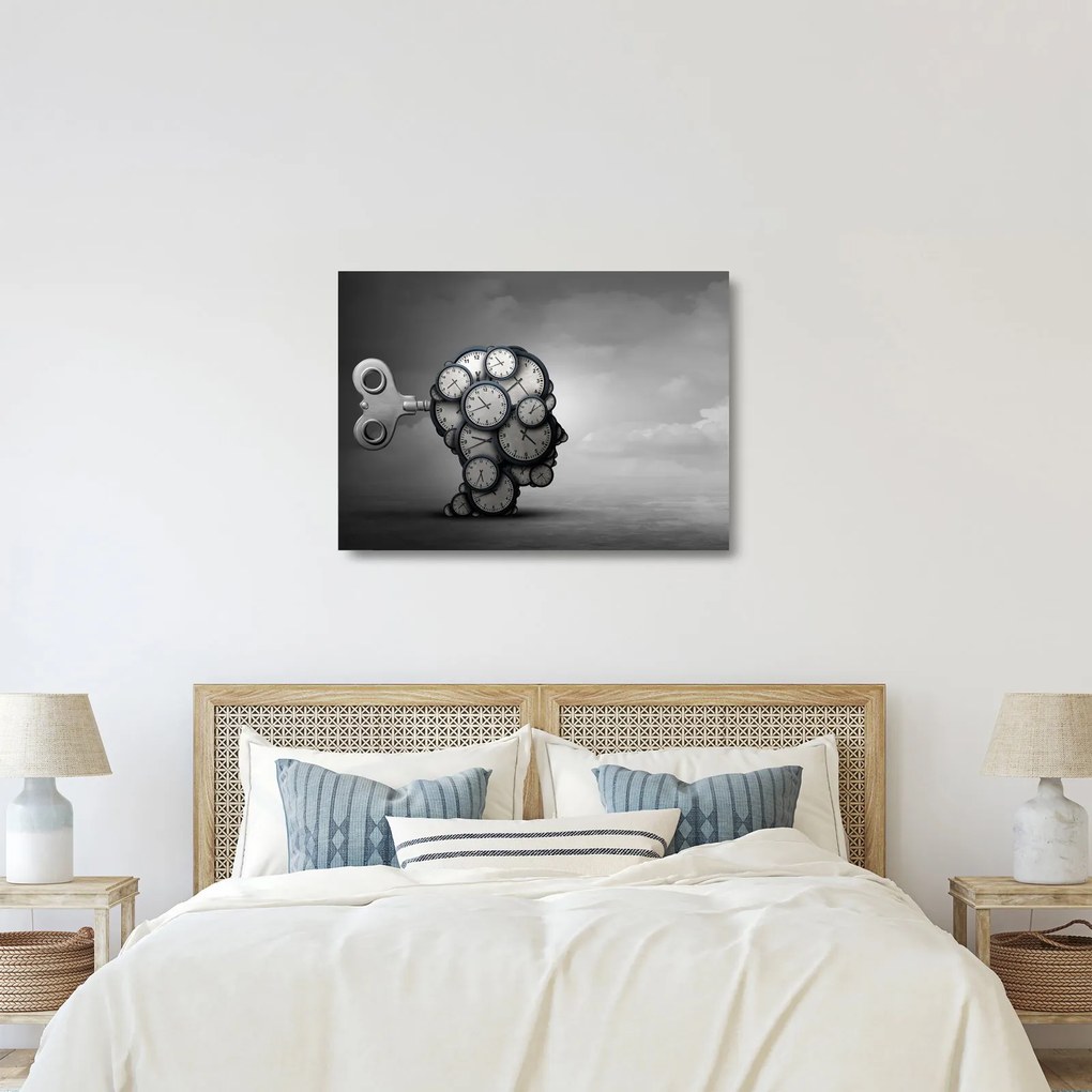 Umelecký sklenený obraz hlavy s hodinami (70x50 cm)