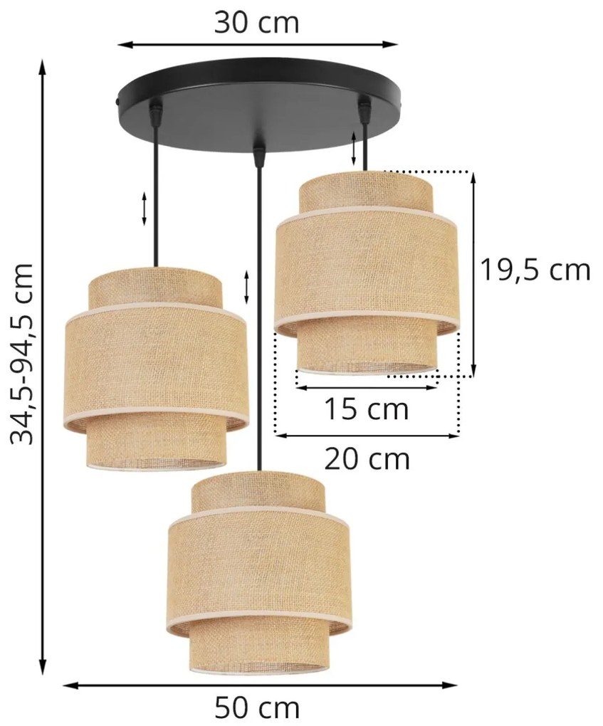 Závesné svietidlo BOHO, 3x jutové tienidlo, (výber z 2 farieb konštrukcie), O