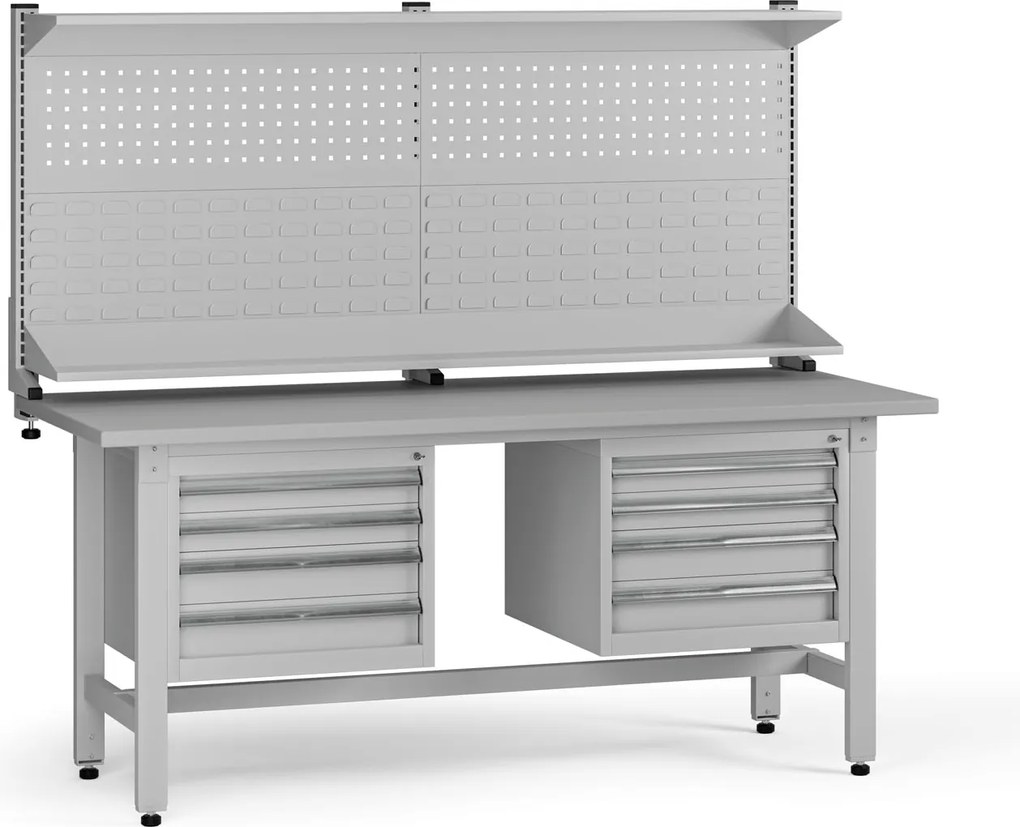 Výškovo nastaviteľný dielenský stôl G5 s nadstavbou, 1800 x 750 x 800-1000 mm, 2x kontajner, 8 zásuviek, sivá