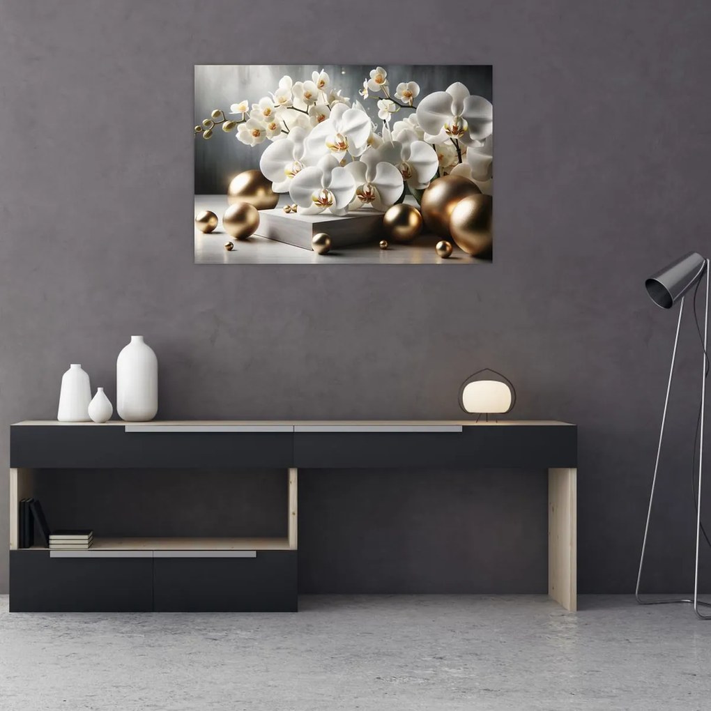 Obraz - Orchidea a zlaté gule (90x60 cm)