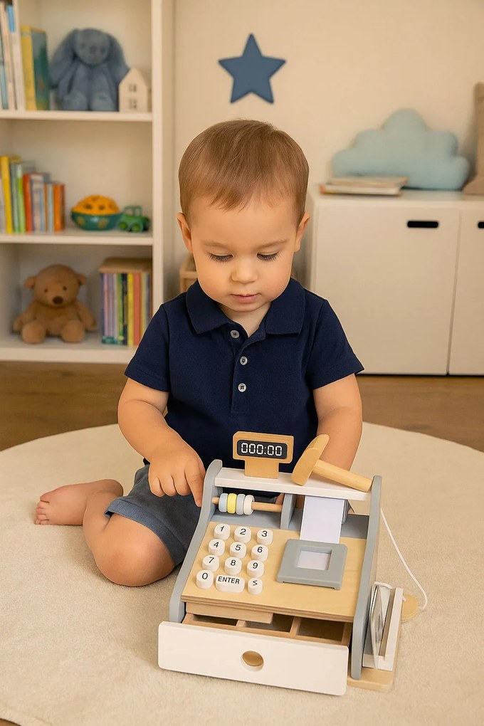 Drevená detská pokladňa ECOTOYS so skenerom, peniazmi a platobnou kartou