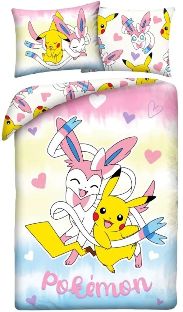 Posteľné obliečky z mikrovlákna Pokémoni - motív Pikachu a Sylveon - 70x90 cm + 140x200 cm