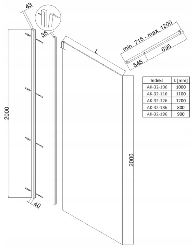 Invena Walk-In, sprchová zástena 100X200cm, 8mm číre sklo, čierny profil, INV-AK-32-104-O