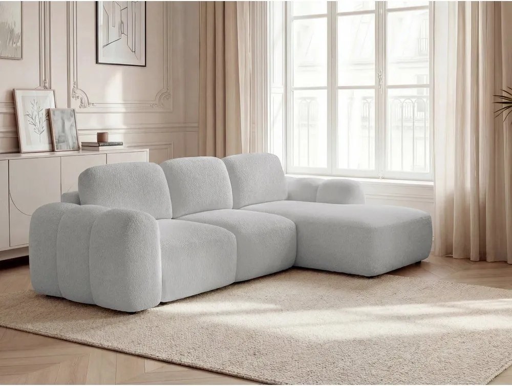 Svetlosivá rozkladacia/s úložným priestorom rohová pohovka z textílie buklé (pravý roh/s leňoškou) Montaigne – Bobochic Paris