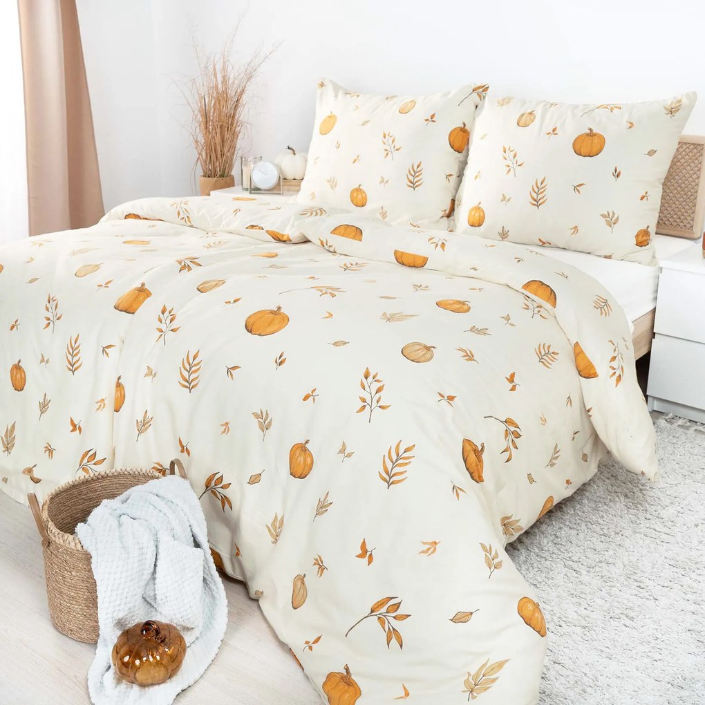 Goldea flanelové posteľné obliečky - jesenné tekvice a lístky 240 x 220 a 2ks 70 x 90 cm