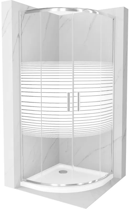 Mexen Rio, štvrťkruhový sprchovací kút s posuvnými dverami 90 x 90 cm, 6mm číre sklo-pásiky, chrómový profil + biela sprchová vanička, 863-090-090-01-20-4110