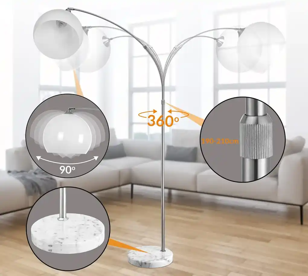 InternetovaZahrada Dizajnová oblúková stojanová lampa s mramorovou  základňou - nastaviteľná 190 - 200 cm | BIANO