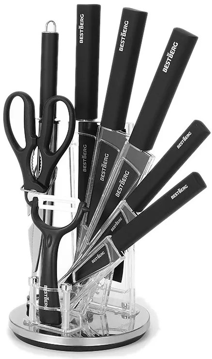 9-dielna súprava nožov s otočným stojanom a nepriľnavým diamantovým povrchom BestBerg BBK-9RU / čierna