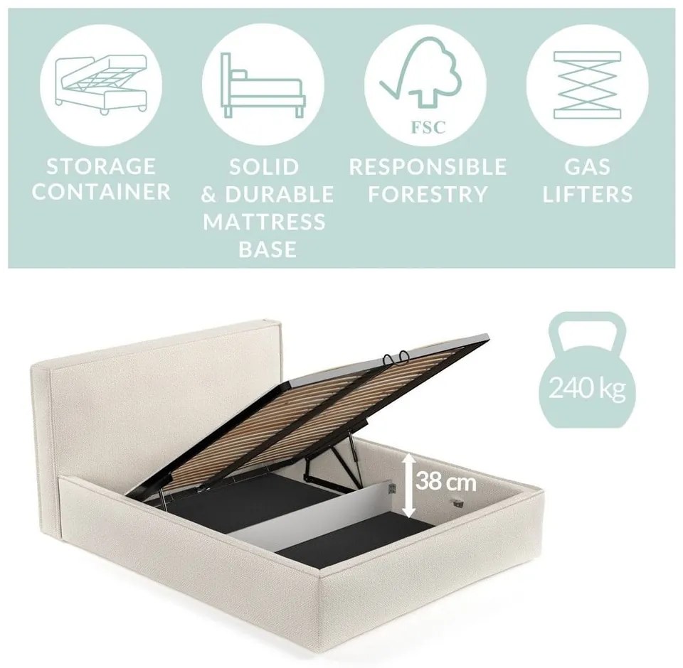 Béžová čalúnená dvojlôžková posteľ s úložným priestorom s roštom 180x200 cm Lounge L – Maison de Rêve