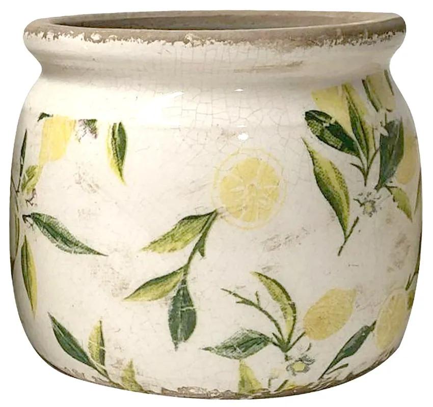 Béžový keramický obal na kvetináč s citrónmi Lemonio M - Ø15*13 cm