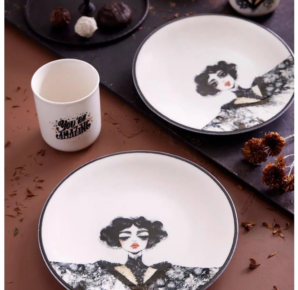 Jedálenská sada 4 ks čierna/biela/porcelán