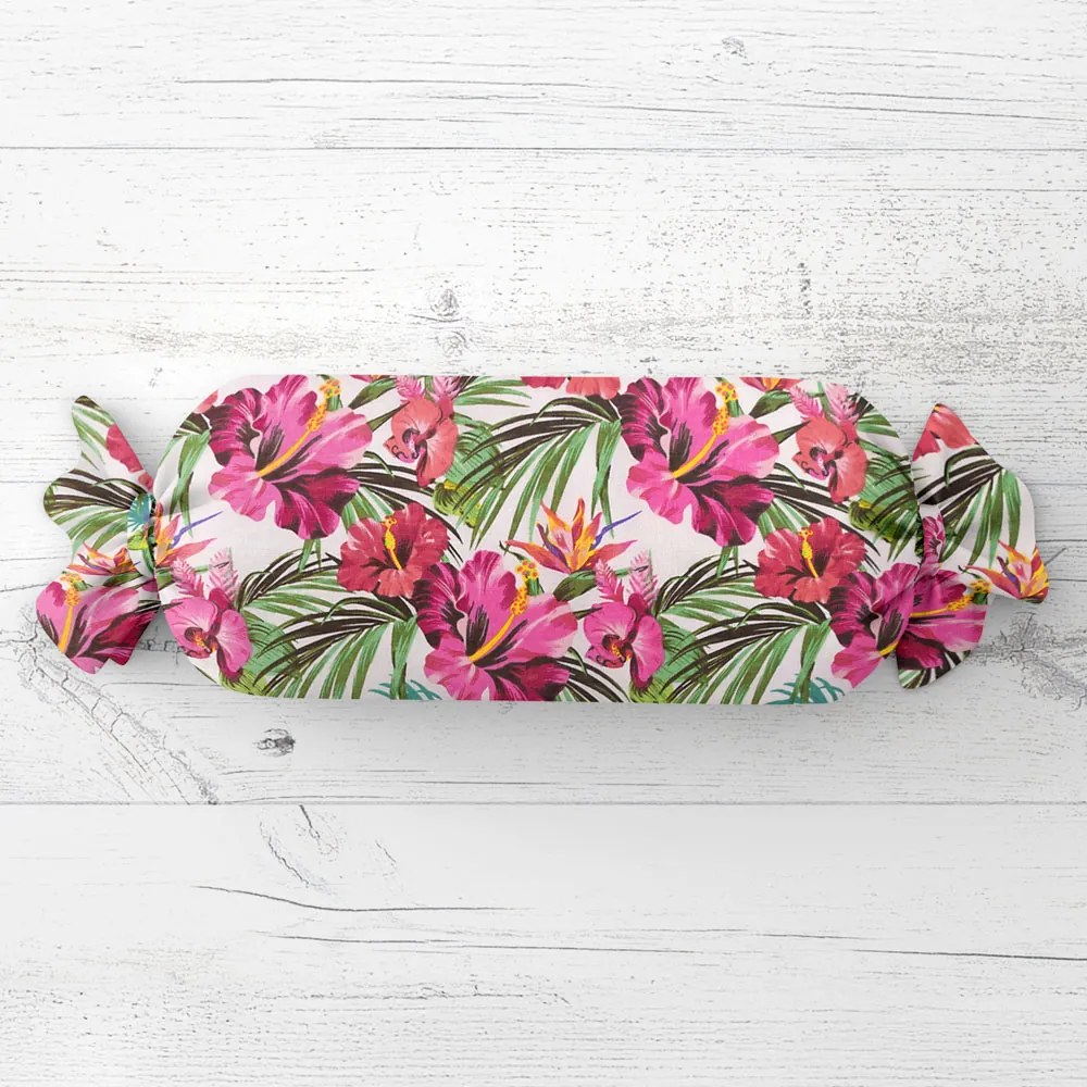Biante Vankúš valec bonbon Sandra SA-555 Ružovo-červené havajské kvety na bielom 15x40 cm
