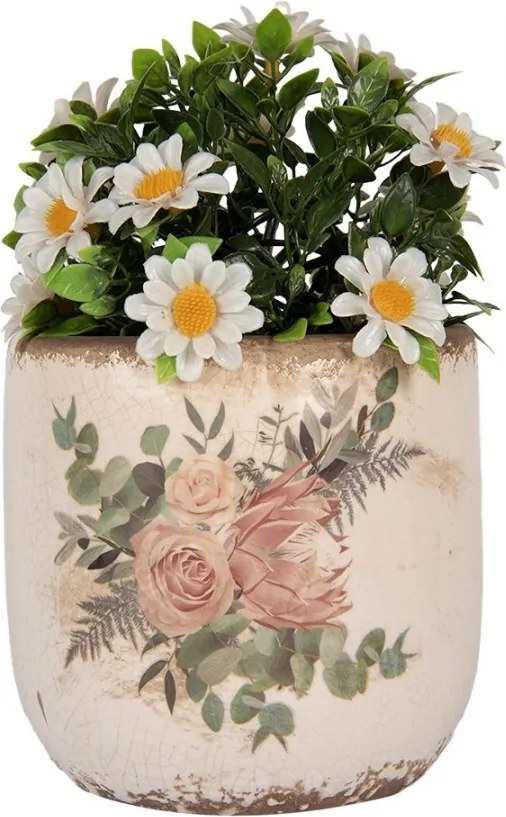 Béžový keramický kvetináč s kvetmi Protea Eucalypt M - Ø 14*13 cm