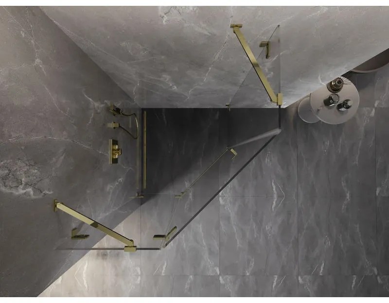 Mexen Lunar, Päťuholníkový sprchový kút Mexen Lunar naklápací doľava 100 x 100 cm, 8mm číre sklo, zlatý profil, 831-100L-100P-50-00-L