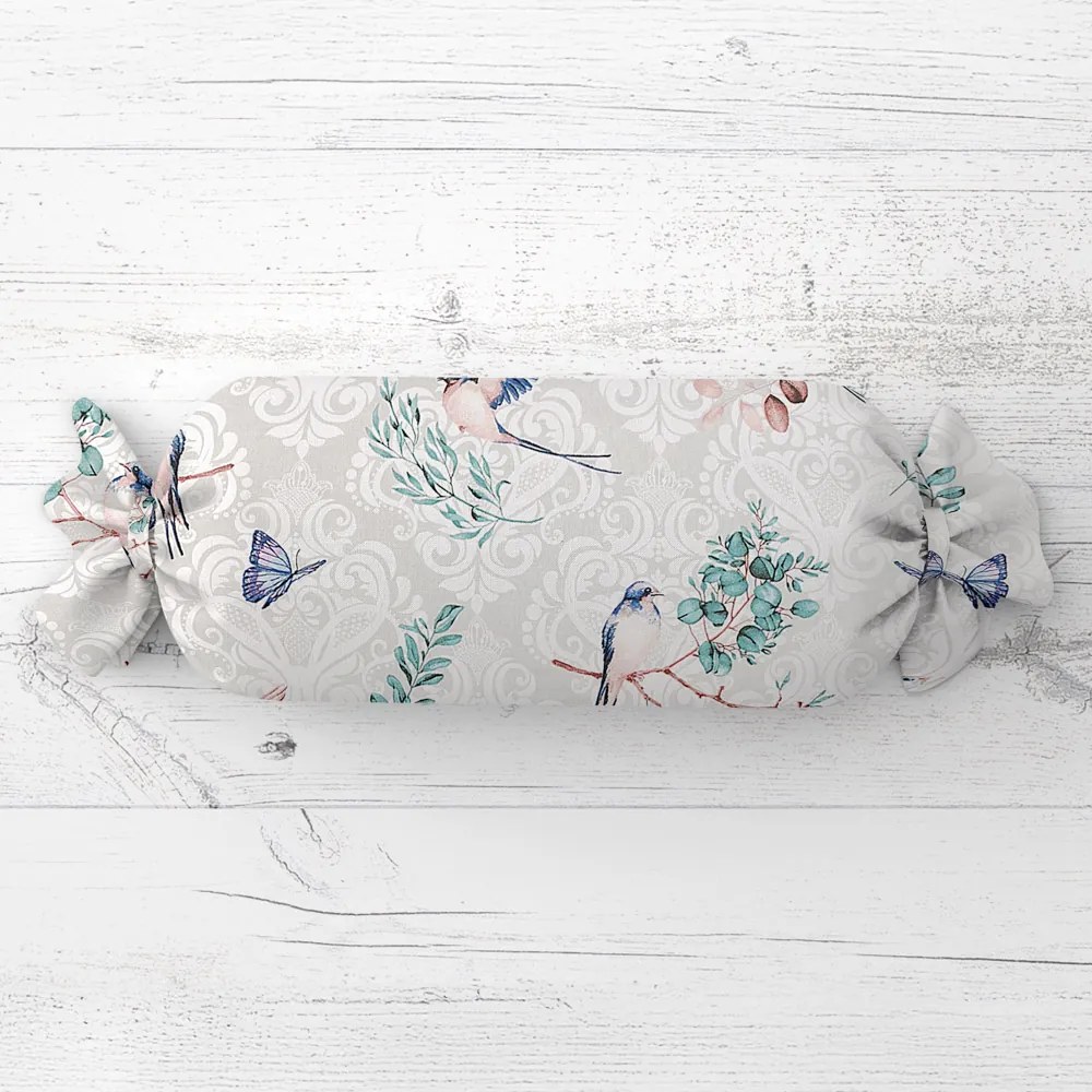 Biante Vankúš valec bonbon Sandra SA-471 Lastovičky s motýlikmi na svetlo sivom ornamente 15x100 cm