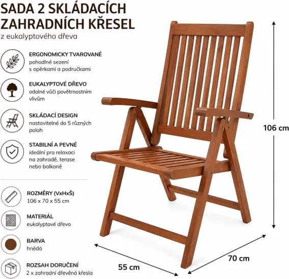Záhradné drevené kreslá stoličky Verdan 2 ks - eukalyptus
