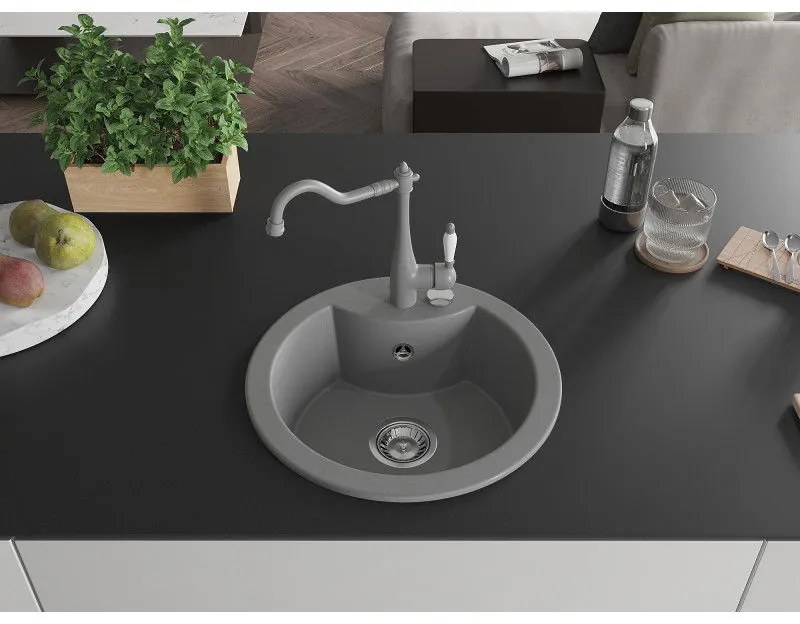 Mexen Diego, granitový drez 488x488x167 mm, 1-komorový a drezová batéria Carla, šedá, 6512-71-670700-71