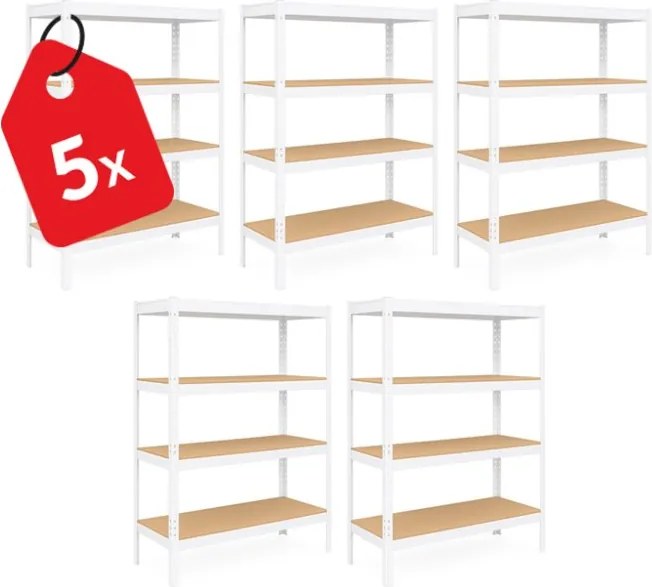 Akcia 5x Regál 150x70x30 cm lakovaný 4-policový, nosnosť 700 kg - biely