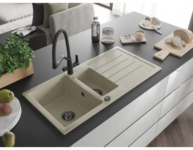 Mexen Andres, granitový drez 1000x500x200 mm, 1,5-komorový a drezová batéria Duo, béžová, 6515-69-671701-70-B