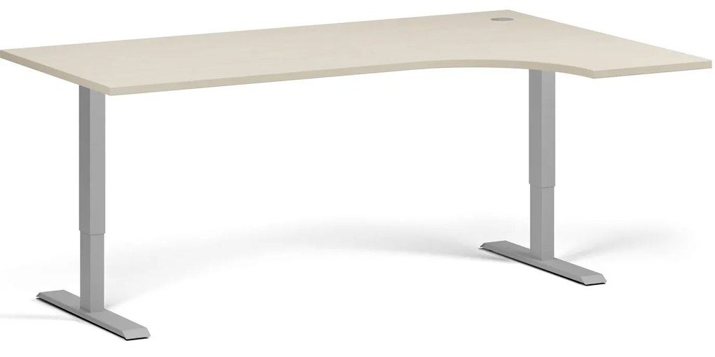 Rohový výškovo nastaviteľný stôl, 180x120 cm, 2 motory, L/P, sivá podnož, breza