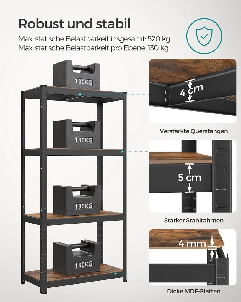 Policový diel, regál s vysokou nosnosťou, nosnosť 520 kg, 40 x 80 x 160 cm, rustikálny hnedý