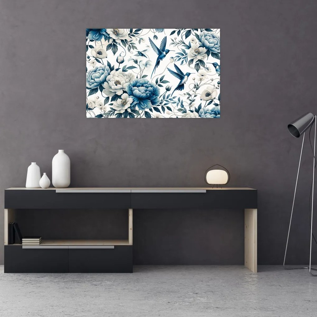 Obraz - Kolibríky s kvetmi (90x60 cm)