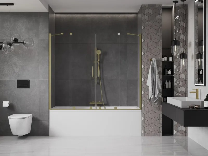 Mexen Velar Duo, 2-krídlová posuvná vaňová zástena 200 x 150 cm, 8mm číre sklo, zlatý matný profil, 896-200-000-02-55