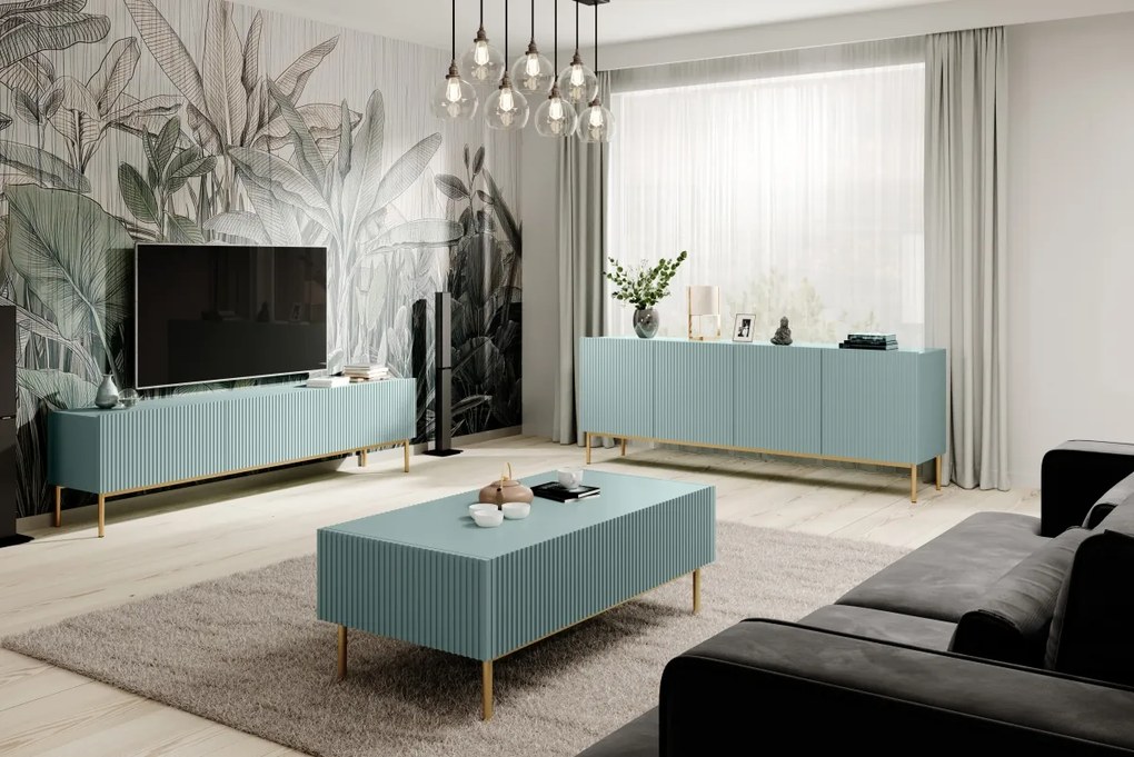 Komoda Nicole 200 cm - šalviová MDF / zlaté nožičky