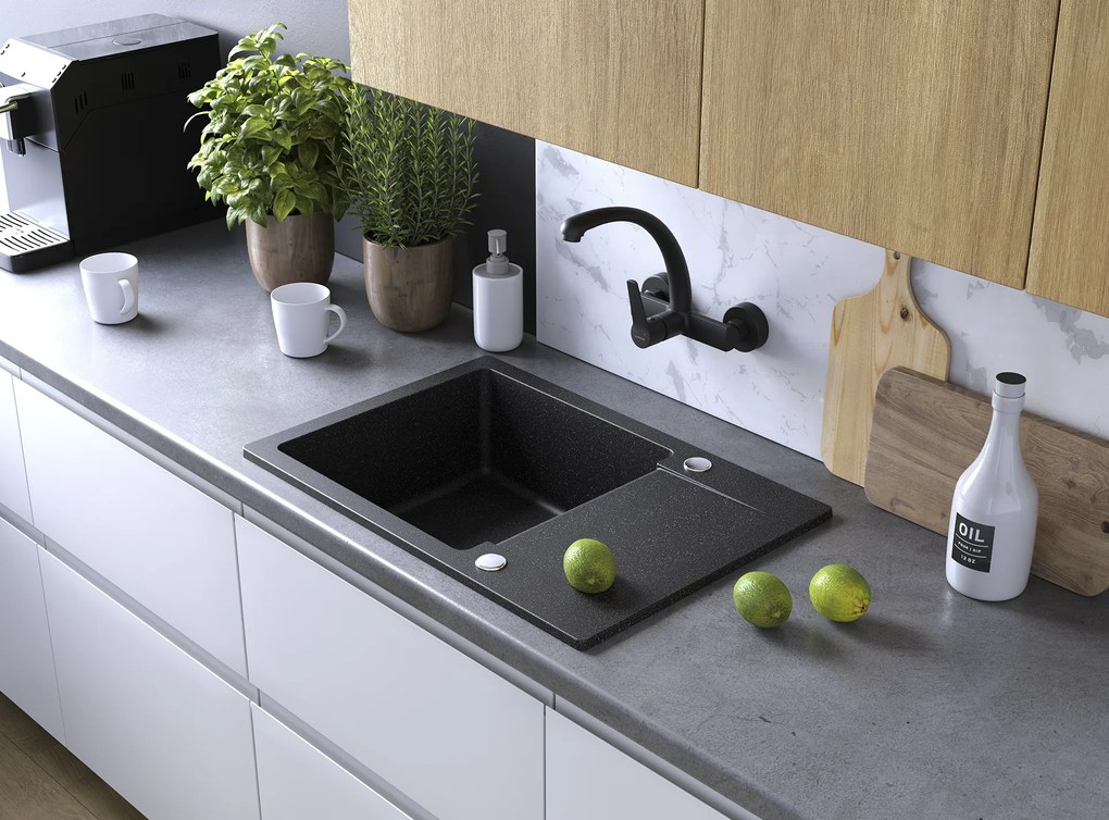 Kuchinox Celebes, 1-komorový granitový drez 650x440x185mm s krátkym odkvapkávačom, čierna, LAV-SBL_713T