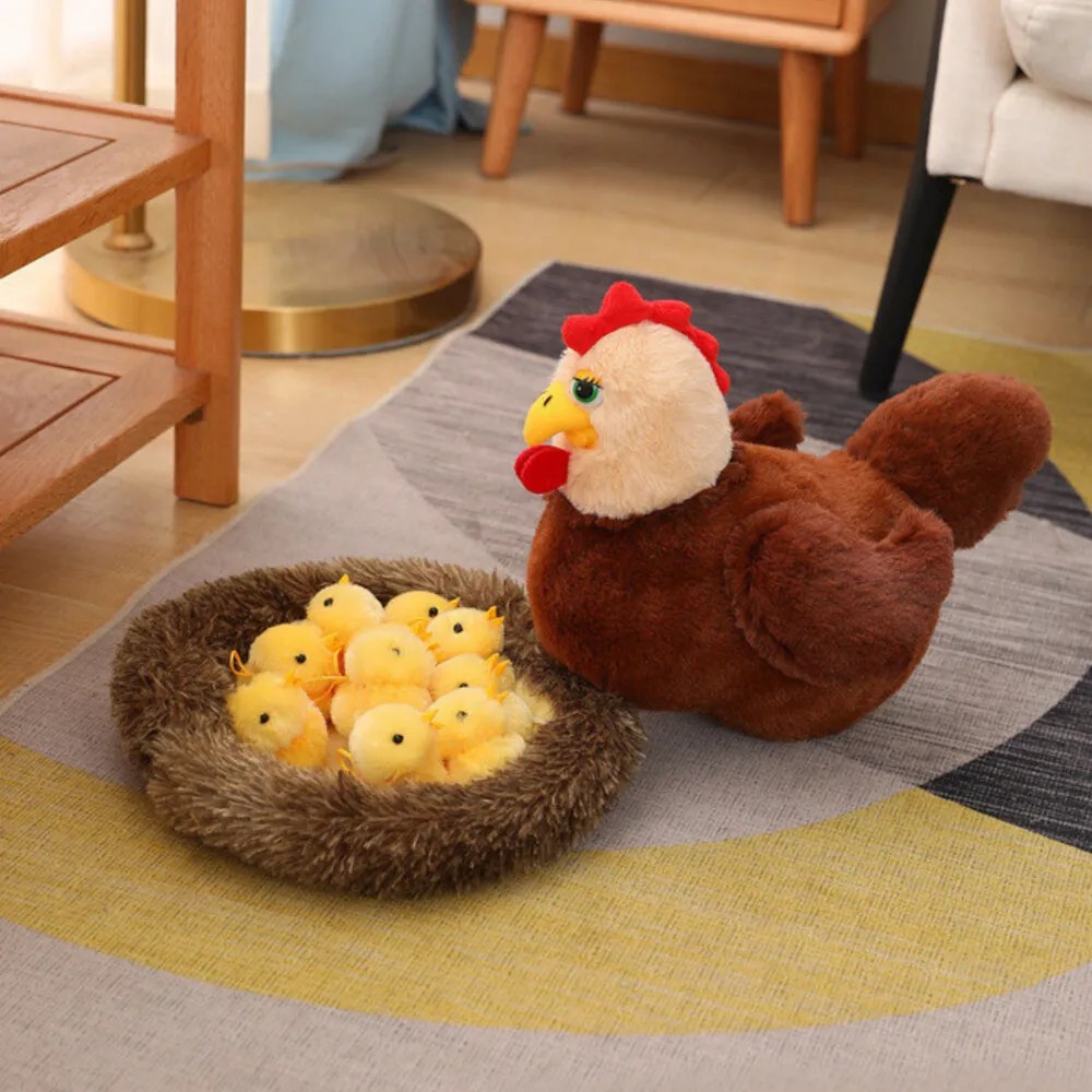 LEAN Toys Plyšová sliepka objíma hniezdo kurčiat 10ks