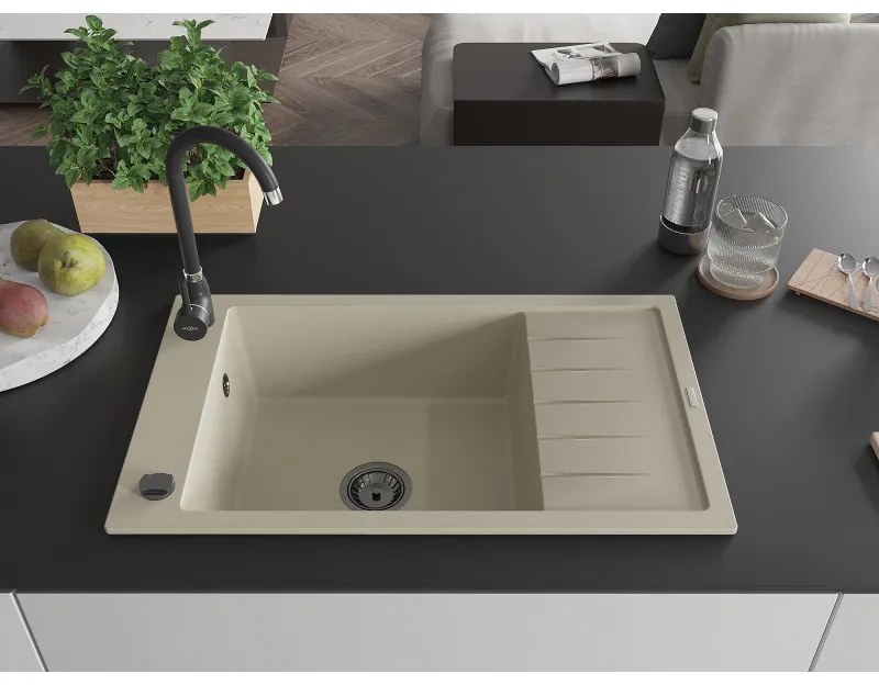 Mexen Elias, 1-komorový granitový drez s odkvapkávačom 795x480x200 mm a čierna matná kuchynská batéria Telma, béžová, 6511-69-670200-70