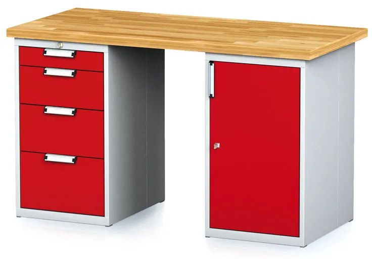 Dielenský stôl MECHANIC I so zásuvkovým boxom a skrinkou na náradie miesto nôh, 4 zásuvky, 1500 x 685 x 880 mm, červené dvere