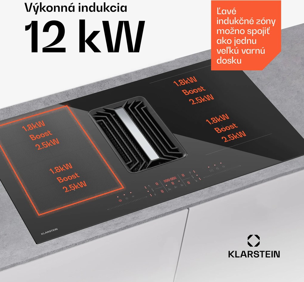 Klarstein AirJet Hybrid Down Air System, Indukčná varná doska s integrovaným digestorom, 745 m³/h, EEK A++