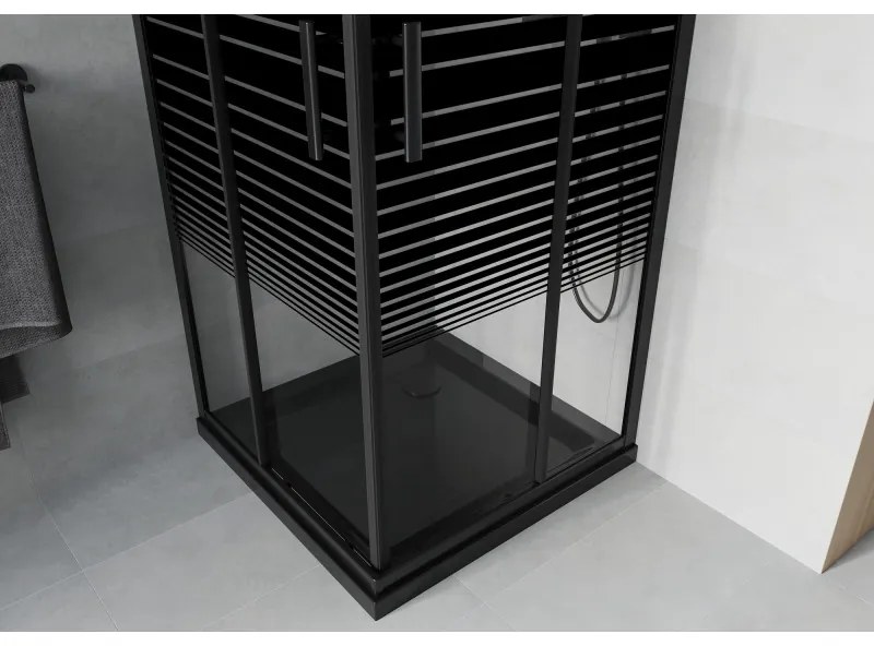 Mexen Rio, štvorcový sprchovací kút s posuvnými dverami 90(dvere) x 90(dvere) x 190 cm, 6mm číre sklo s pásikmi, čierny profil + čierna sprchová vanička SLIM, 860-090-090-70-20-4070B