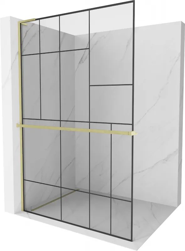 Mexen Kioto+ L, sprchová zástena Walk-In s poličkou a vešiakom 90 x 200 cm, 8mm číre sklo čierny vzor, zlatý matný profil, 800-090-123-55-78