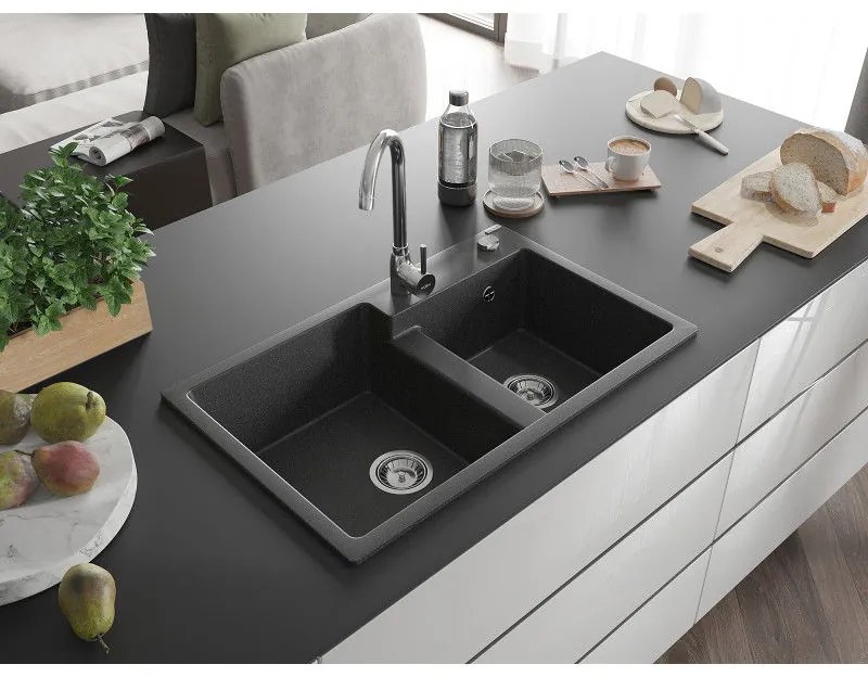 Mexen Tomas, granitový drez 800x500x190 mm, 2-komorový, čierna škvrnitá, 6516802000-76