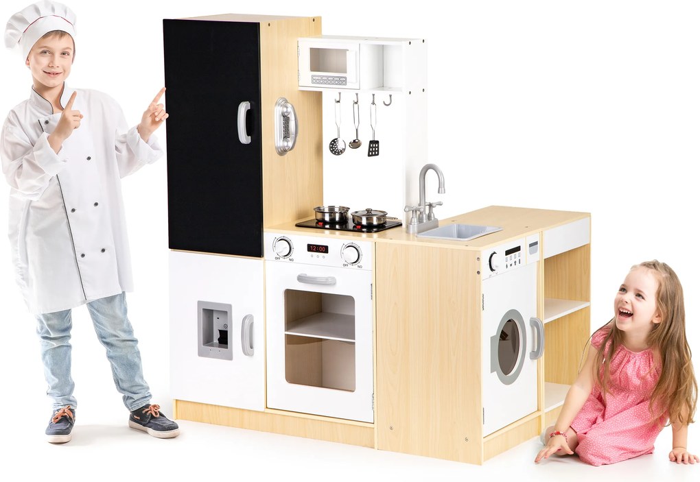 Veľká drevená detská kuchynka ECOTOYS XXL, 4 segmenty, LED tabuľa