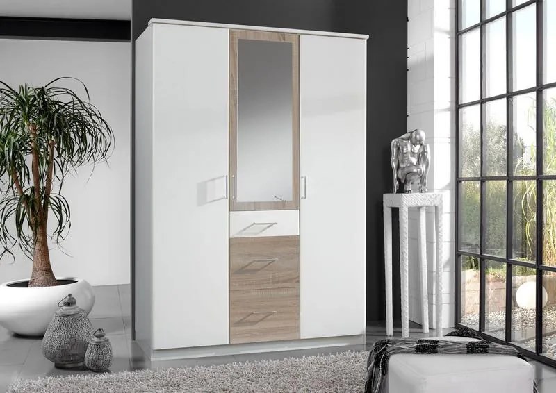 Šatníková skriňa so zrkadlom Click, 135 cm, biela/dub sonoma