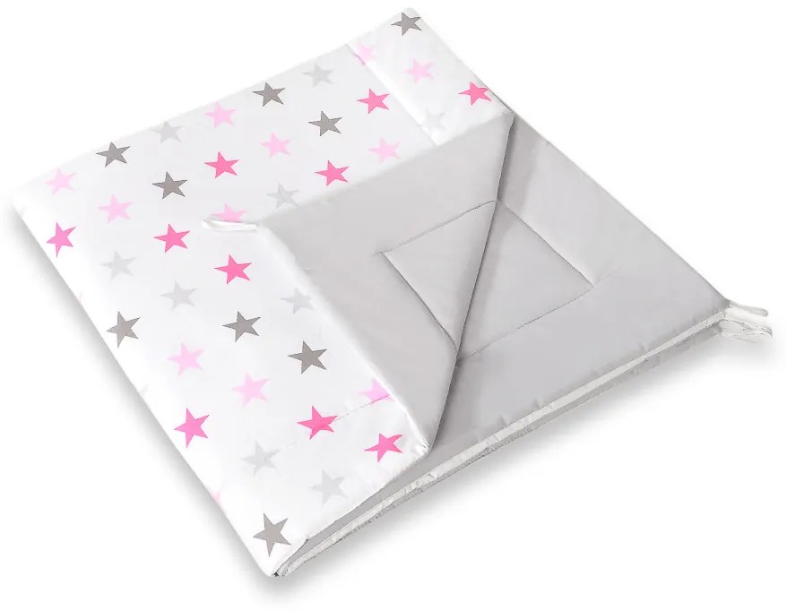 Bobono Stan Teepee pre deti + podložka na hranie + vankúše + ozdobné perie - Stars pink-grey/grey