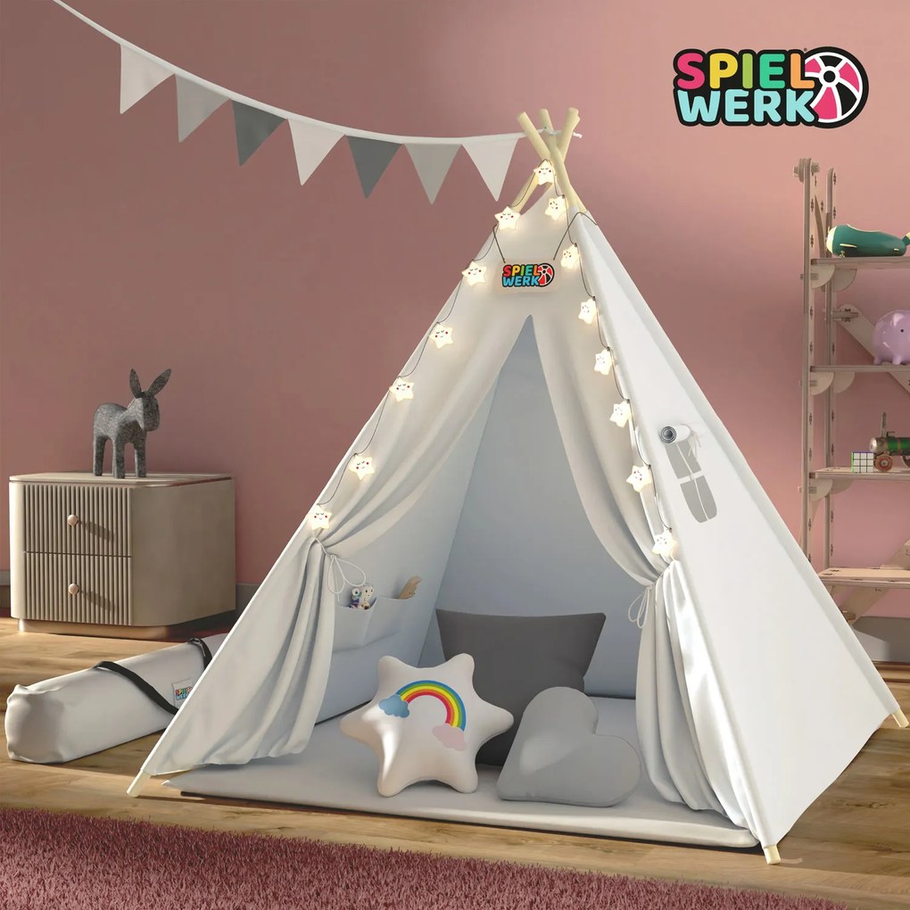 Detský stan teepee JULIUS, 120x120x160cm, biela/šedá Spielwerk
