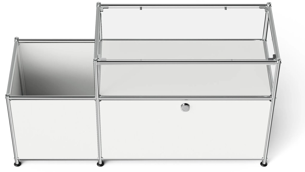 Kovová nízka skrinka »CN3« s výklopným priečinkom a sklenenou doskou, biela