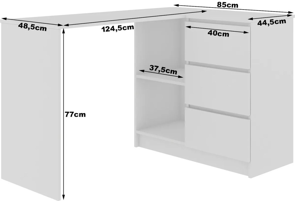 Rohový písací stôl B16 124 cm biely/červený pravý