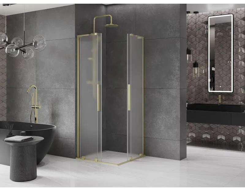Mexen Velar L Duo, sprchový kút s posuvnými dverami 80 x 80 cm, 8mm sklo námraza, zlatá matná, 871-080-080-02-33-55