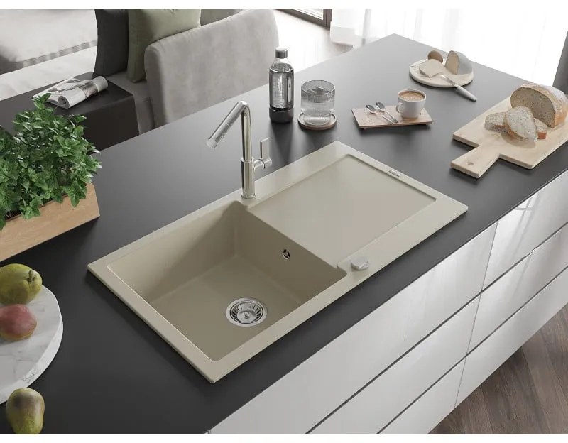 Mexen Leo, 1-komorový granitový drez 900x500x190 mm a drezová batéria Flora, béžová, 6501-69-670401-00