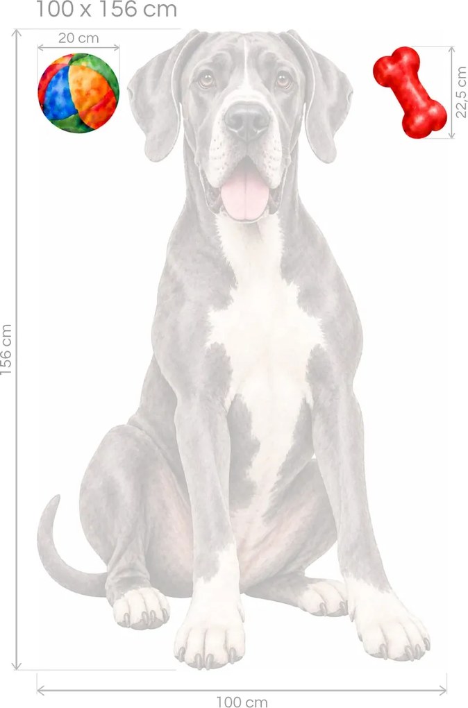 Nemecká doga s loptičkou a kosťou akvarelové textilné nálepky na stenu pre milovníkov dog hárok 29 x 46 cm