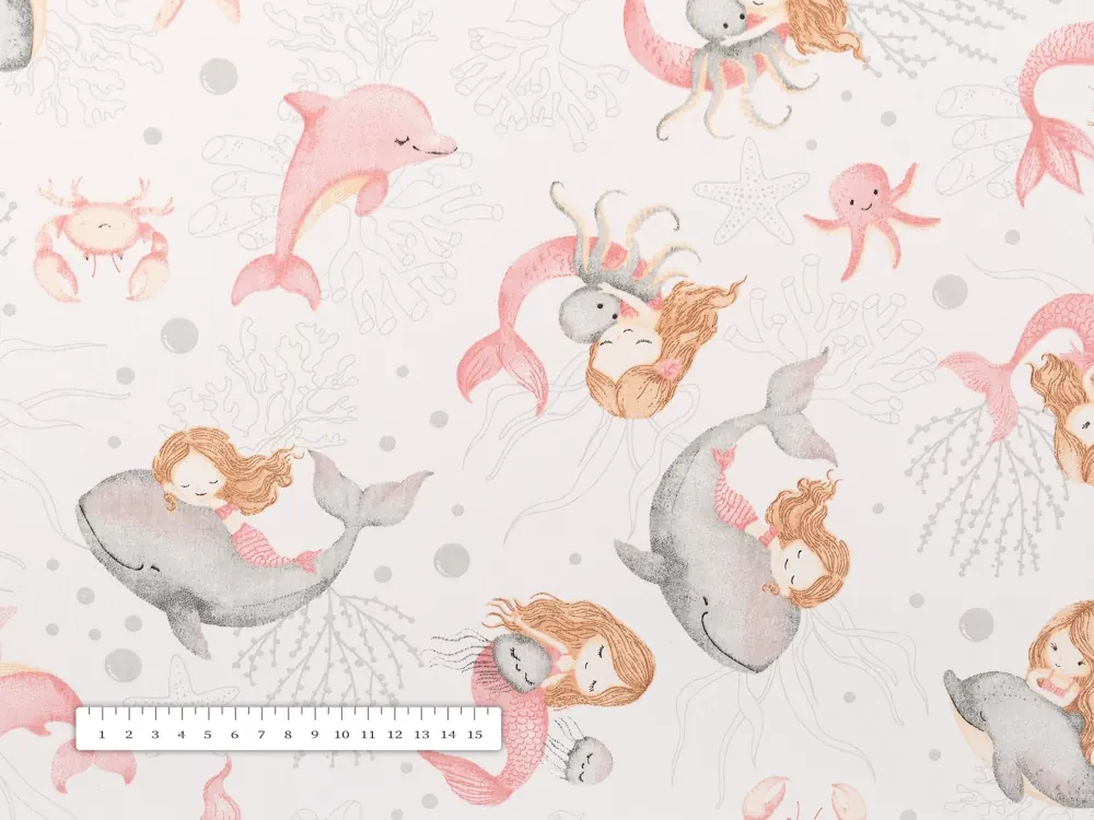 Biante Detský bavlnený štvorcový obrus Sandra SA-527 Ružové morské panny s delfínmi a veľrybami na bielom 90x90 cm