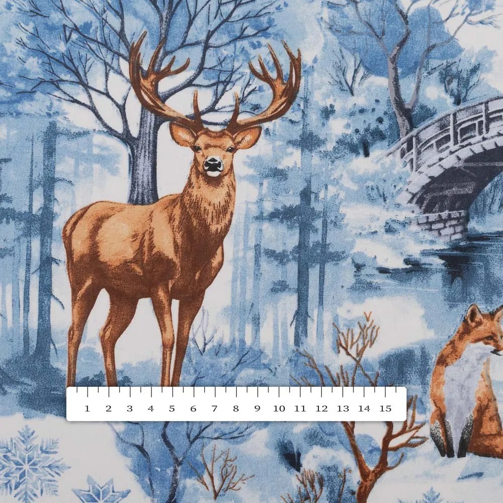 Biante Detský bavlnený záves Sandra SA-674 Lesné zvieratá v zimnom lese na modrom 150x140 cm