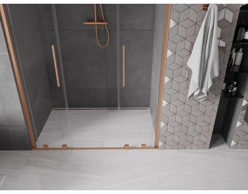 Mexen Velar L Duo, posuvné sprchové dvere do otvoru 160 cm, 8mm číre sklo, medená matná, 871-160-003-02-65
